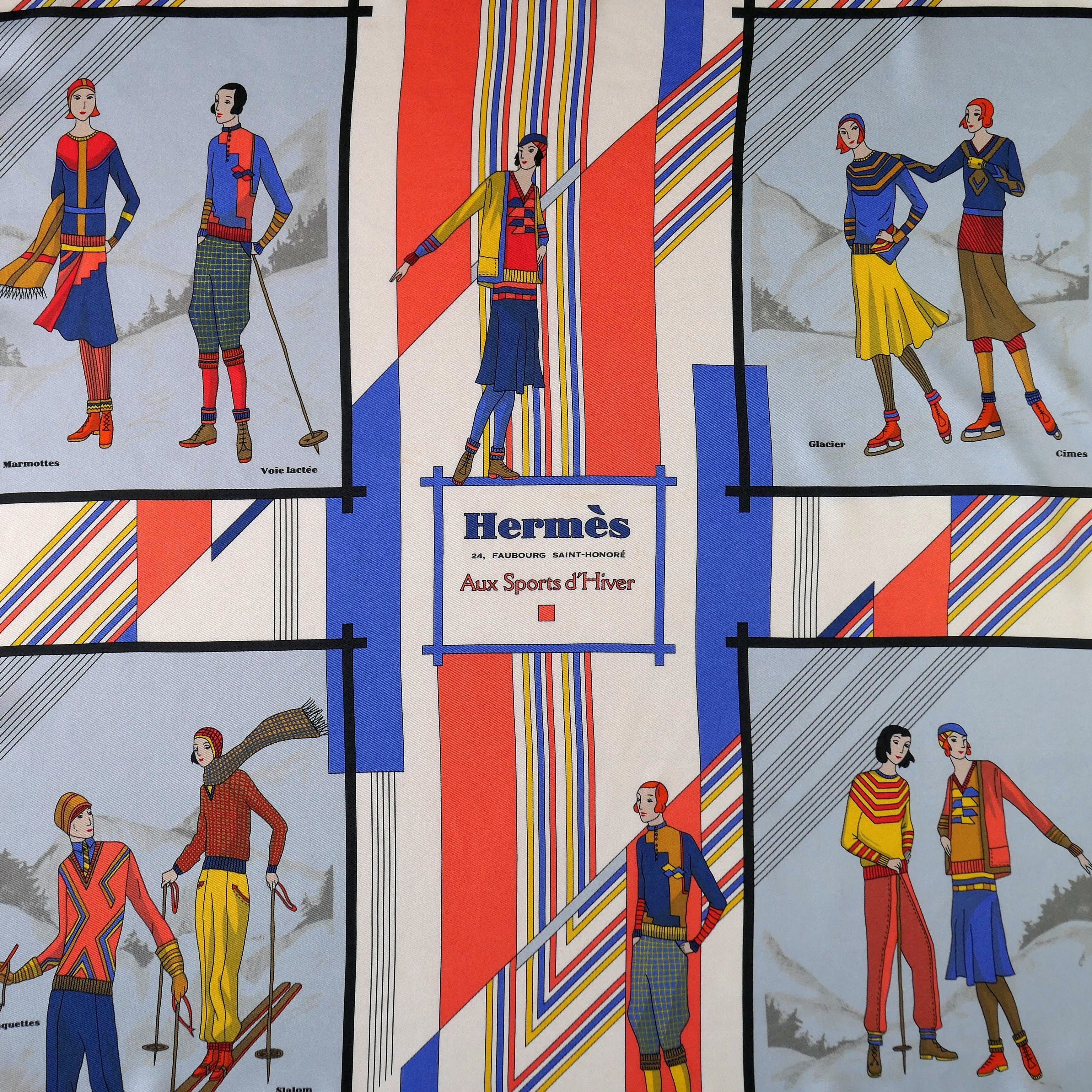 Carré Hermès Aux Sports d'Hiver, 70 cm soie, détail du cartouche central et des scènes