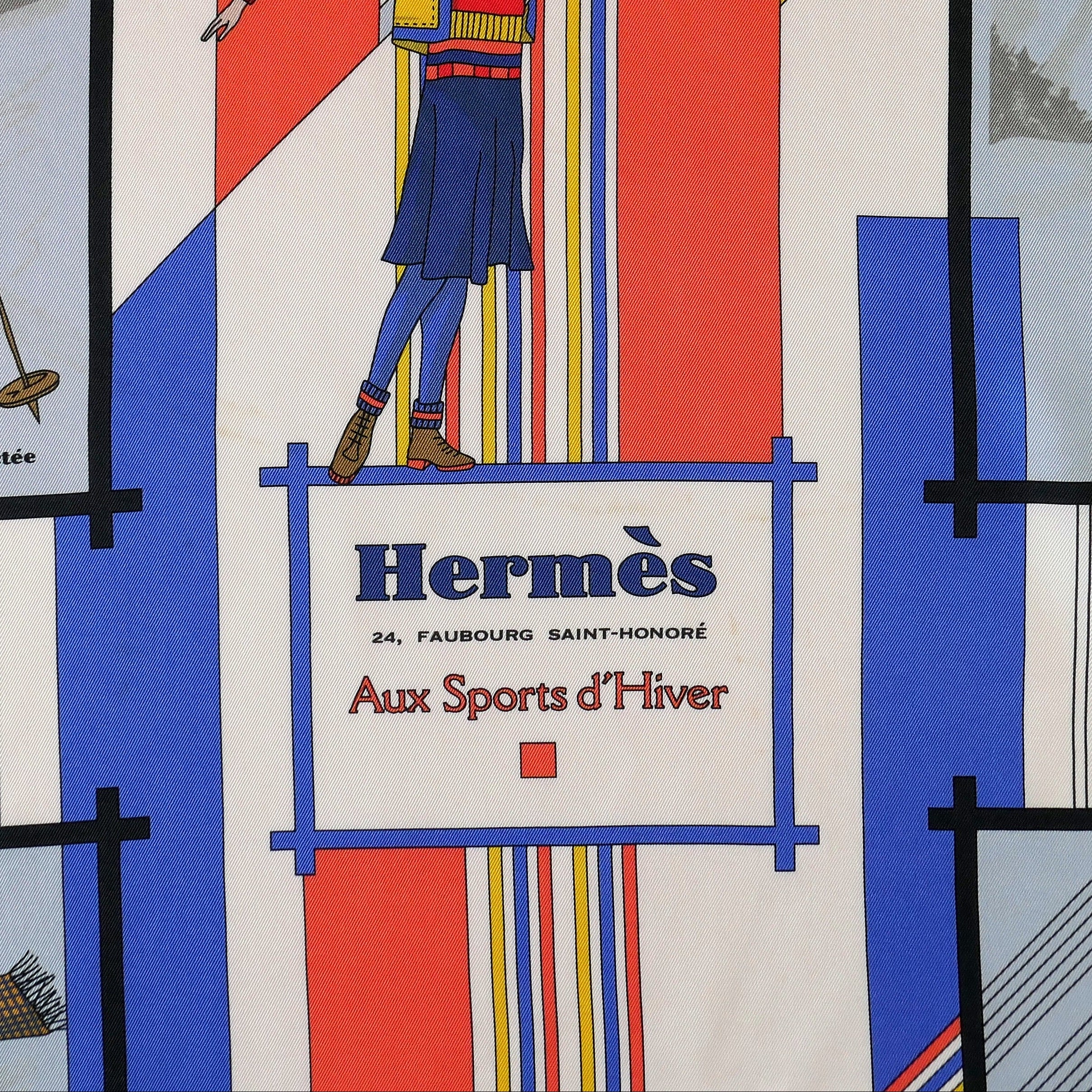 Carré Hermès Aux Sports d'Hiver, 70 cm soie, détail cartouche Hermès 24 Faubourg Saint-Honoré
