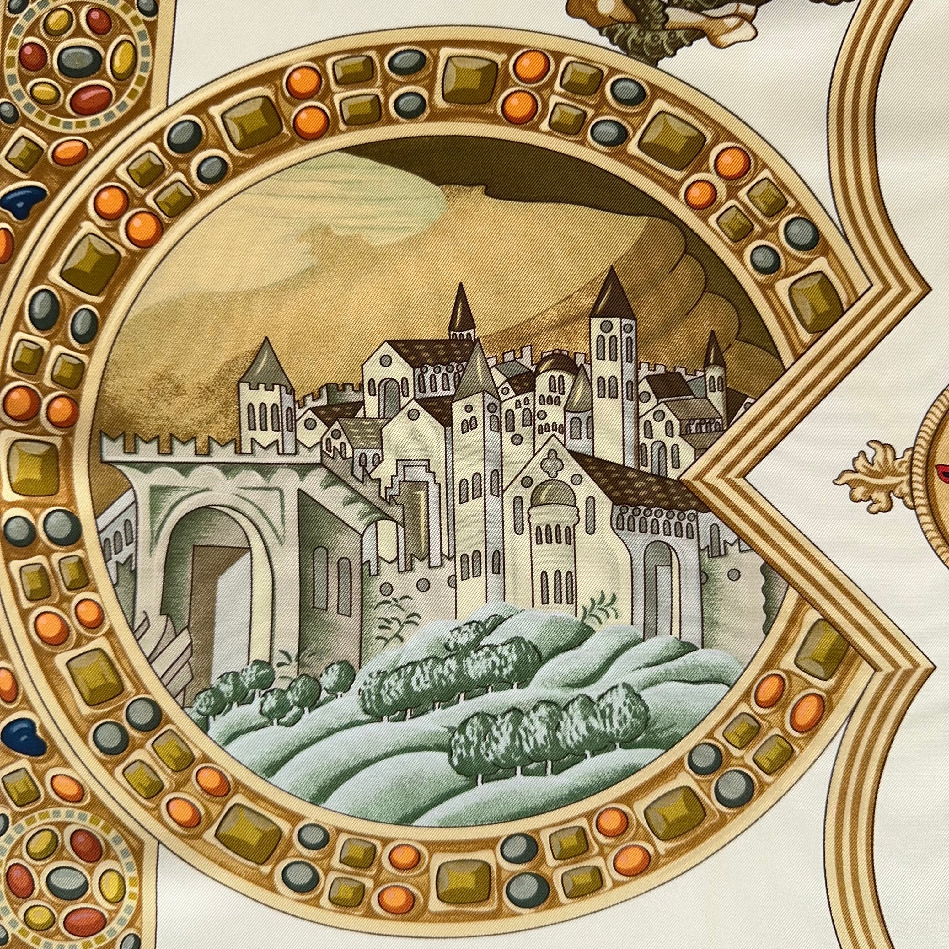 Zoom sur un médaillon latéral représentant une architecture médiévale détaillée encadrée d'une bordure style bijoux cabochons.