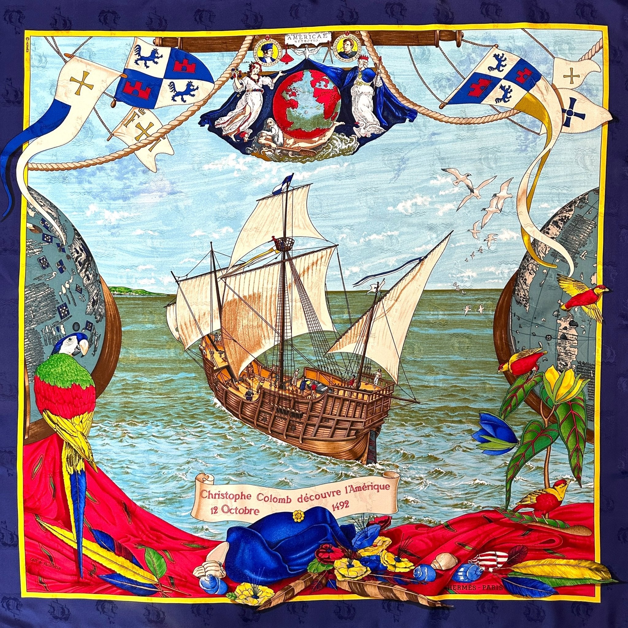 foulard hermes avec drapeaux oiseaux et caravelle de christophe colomb sur l'ocean