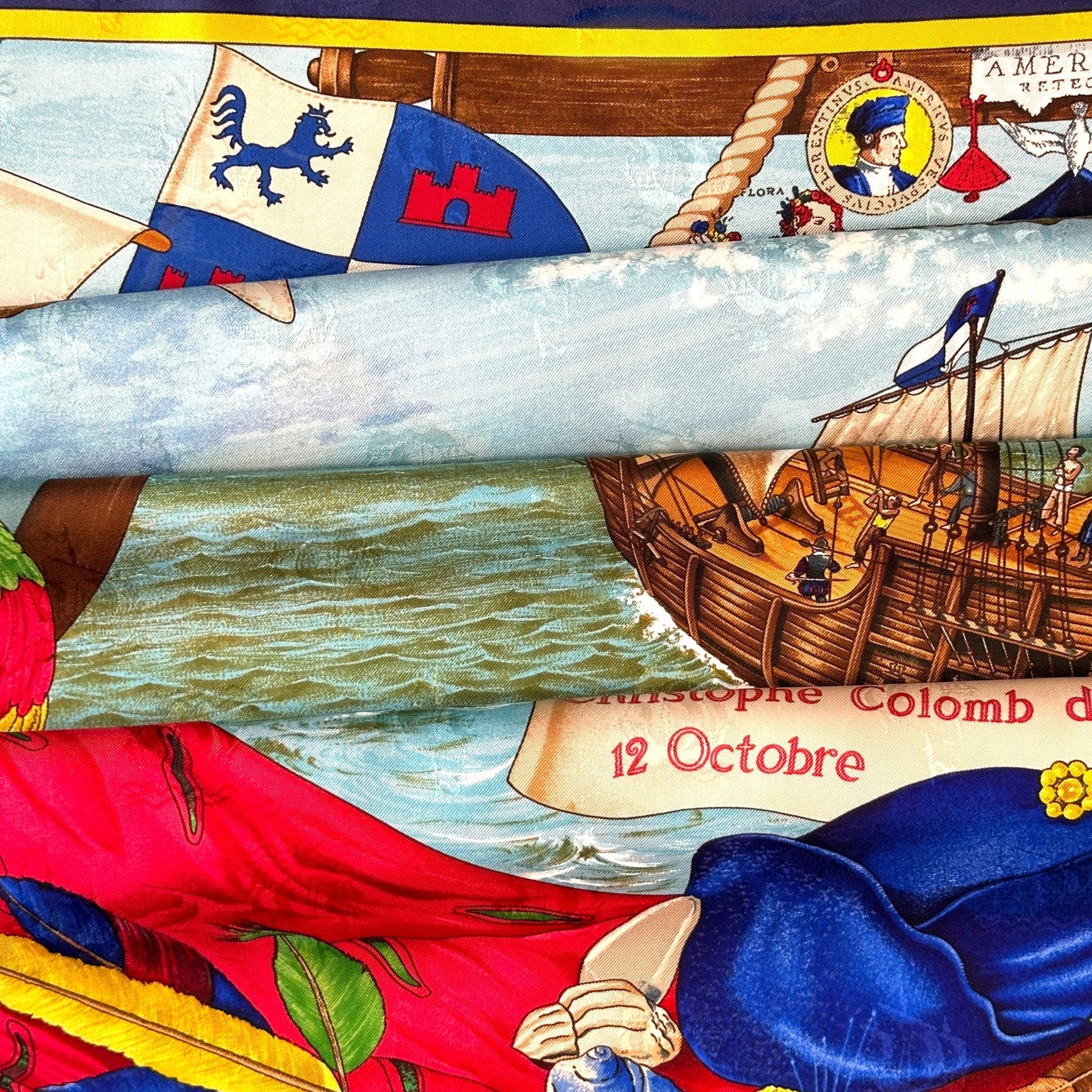 foulard hermes christophe colomb paleytte jaune bleu rouge vert et blanc