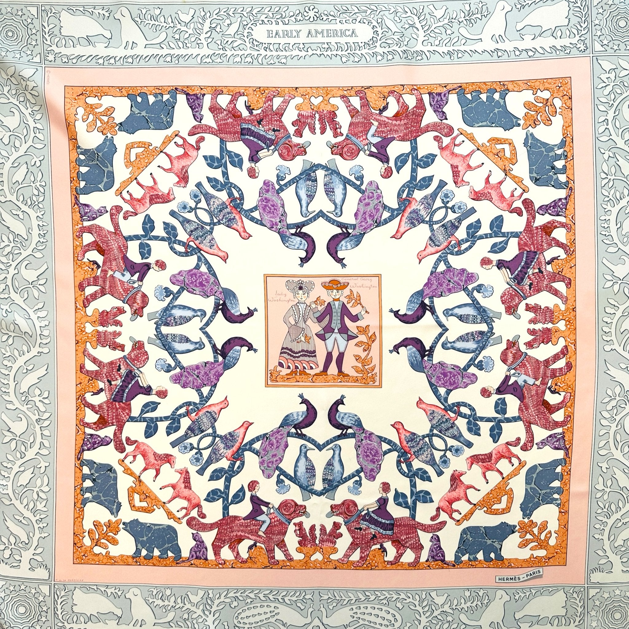 foulard hermes gris et rose early america design par francoise de la perriere