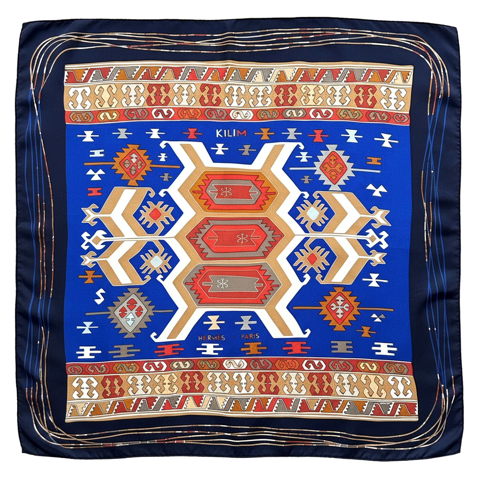 Vue complète du foulard Hermès Kilim 90 cm bleu roi, rouge et ocre signé Dimitri Rybaltchenko
