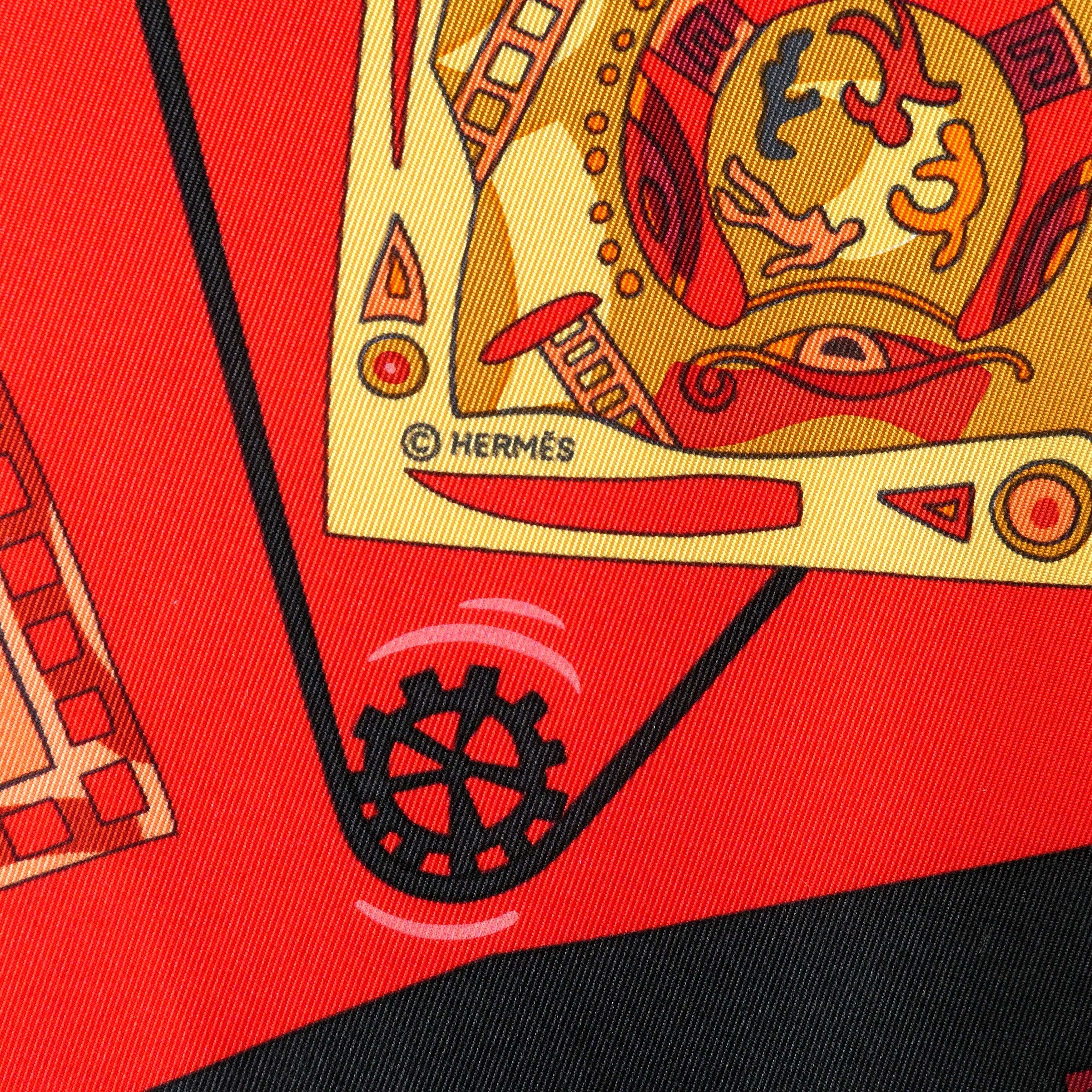 Carré Hermès La Mécanique des Idées 90 cm soie, détail copyright logo hermès