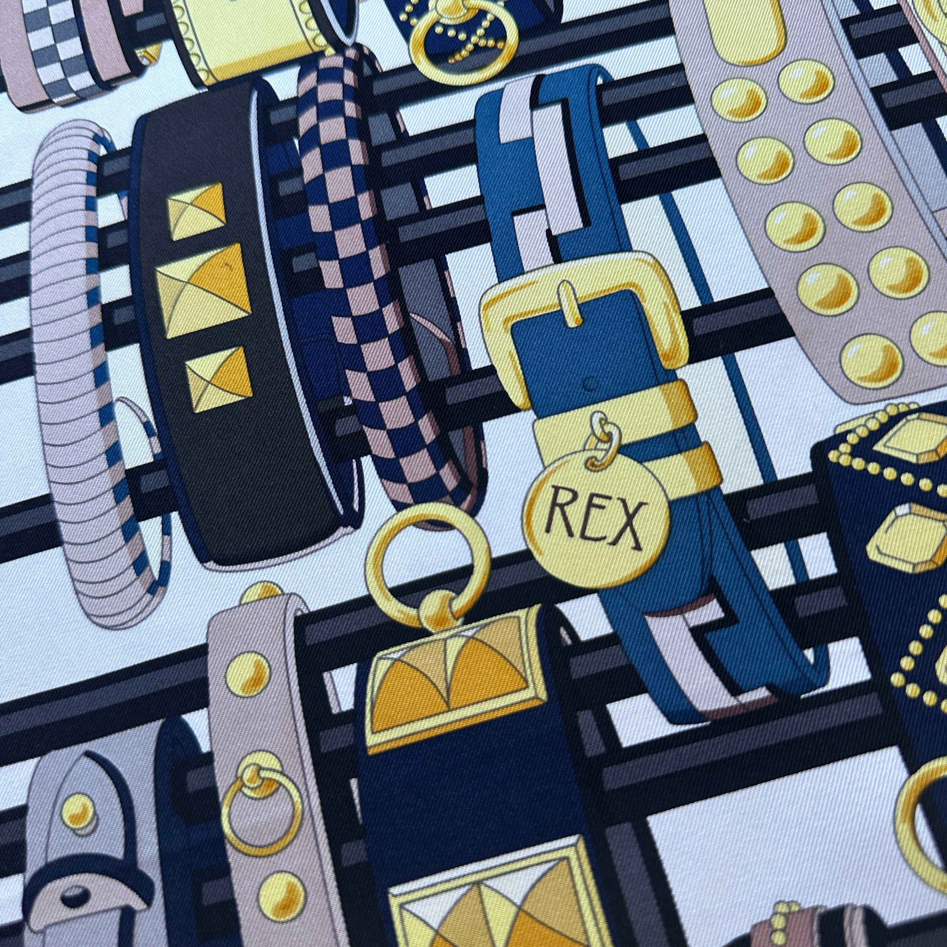 Détail amusant d'une médaille de chien gravée "Rex" sur le motif du foulard.