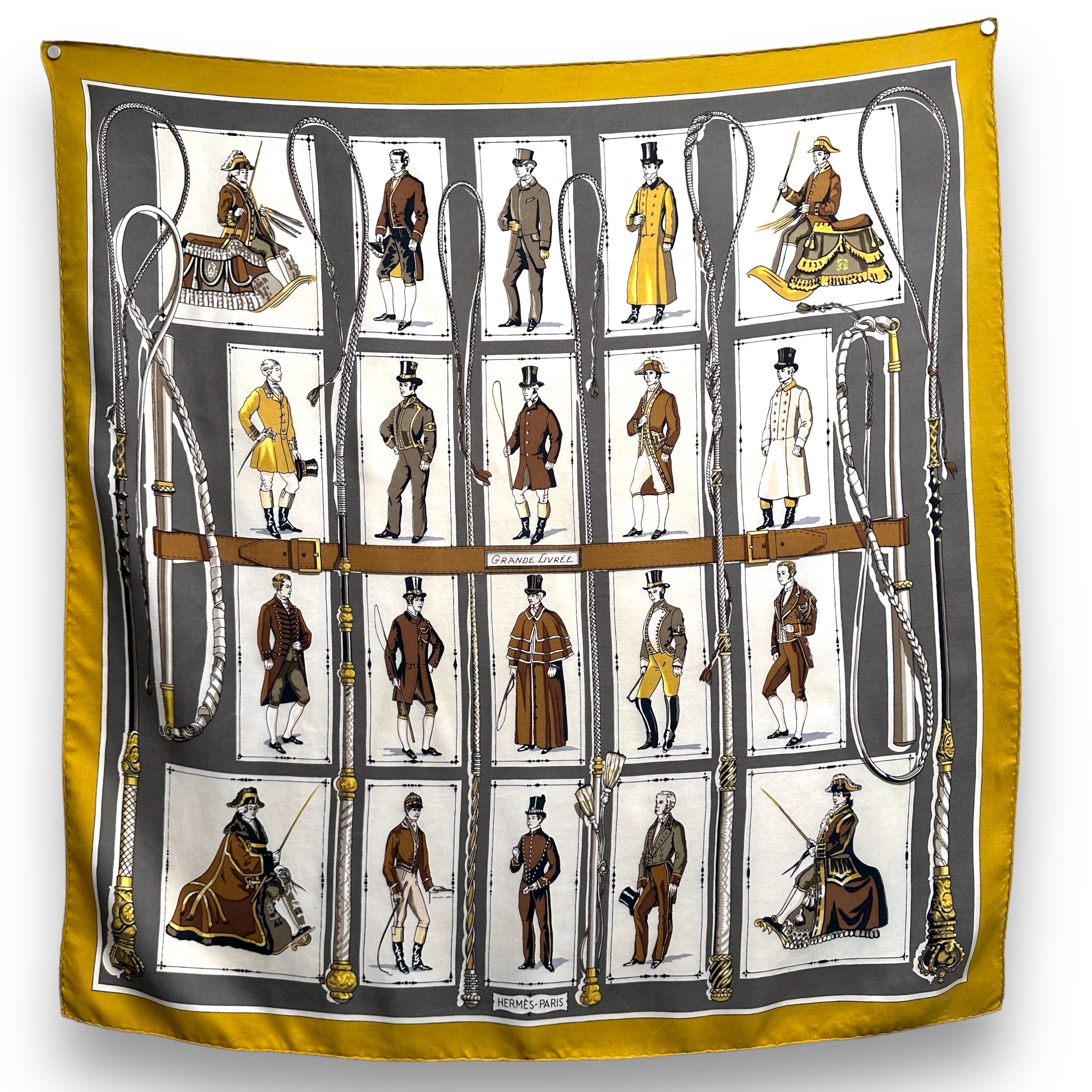 foulard-carre-hermes-grande-livree-par-marie-francoise-heron-couleur-bronze-et-creme