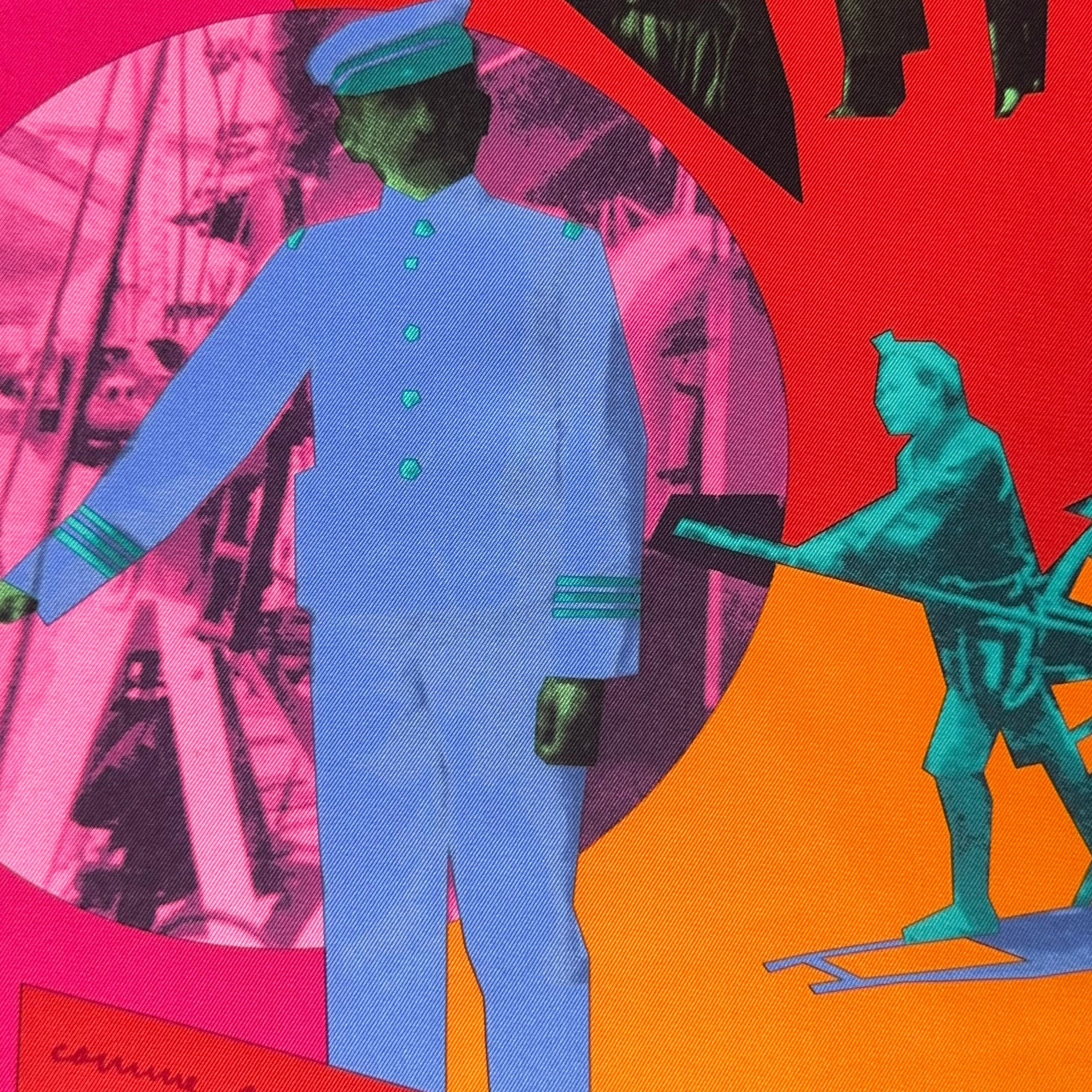 Illustration graphique d'une silhouette d'officier de marine en bleu ciel uniforme sur fond rose et orange, style Andy Warhol.