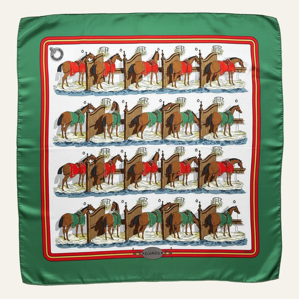 Vue d'ensemble foulard Hermès Écuries vert émeraude et blanc