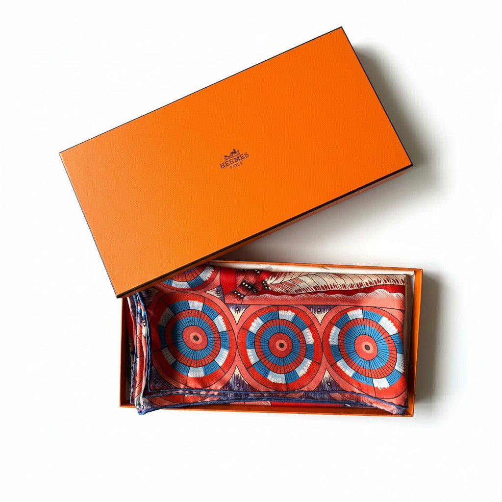 Foulard Hermès 140 cm "The Savana Dance" avec sa boîte orange Hermès.